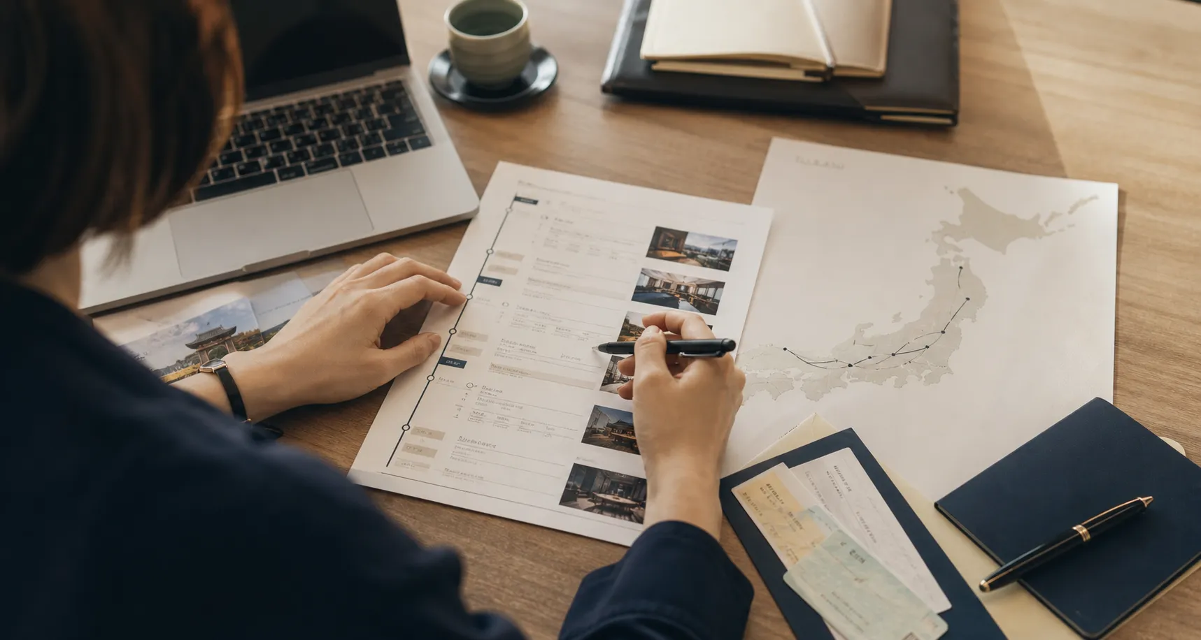 Hands reviewing a printed Japan itinerary and route map on a desk.
