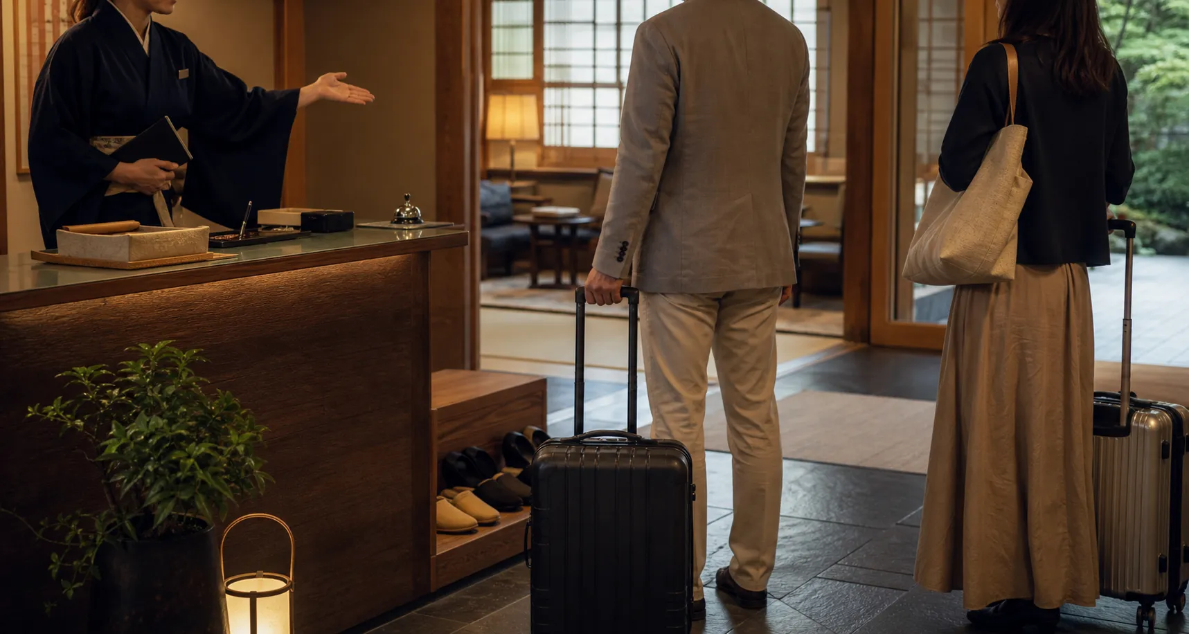 Guests arriving at a refined Japanese ryokan while staff coordinate check-in and luggage.